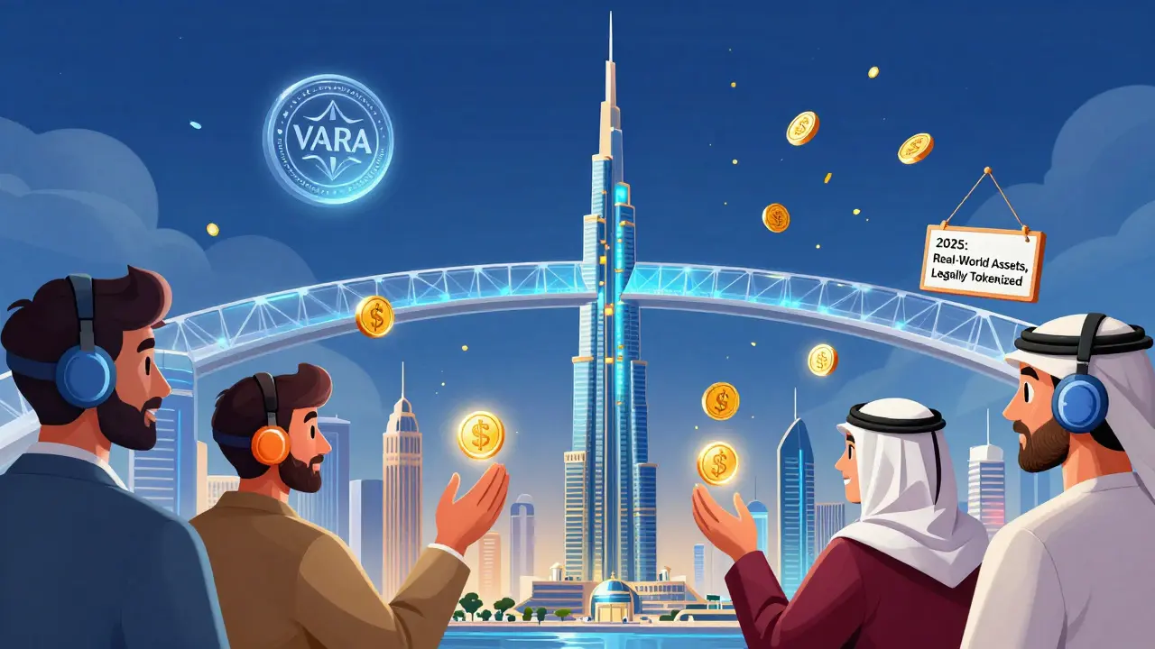 A tokenized skyscraper in Dubai sending fractional digital shares to global investors under a VARA seal.