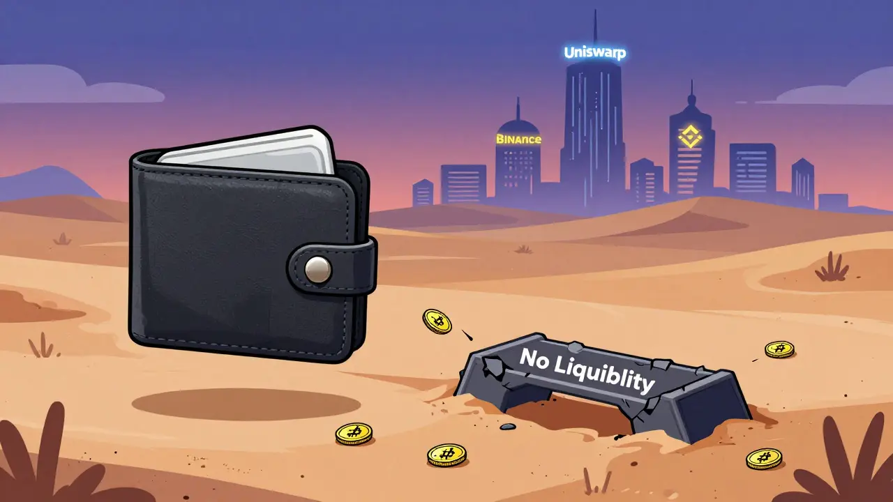 A wallet attempting to cross a dead-end bridge to SmartBCH, while major exchanges loom in the distance.