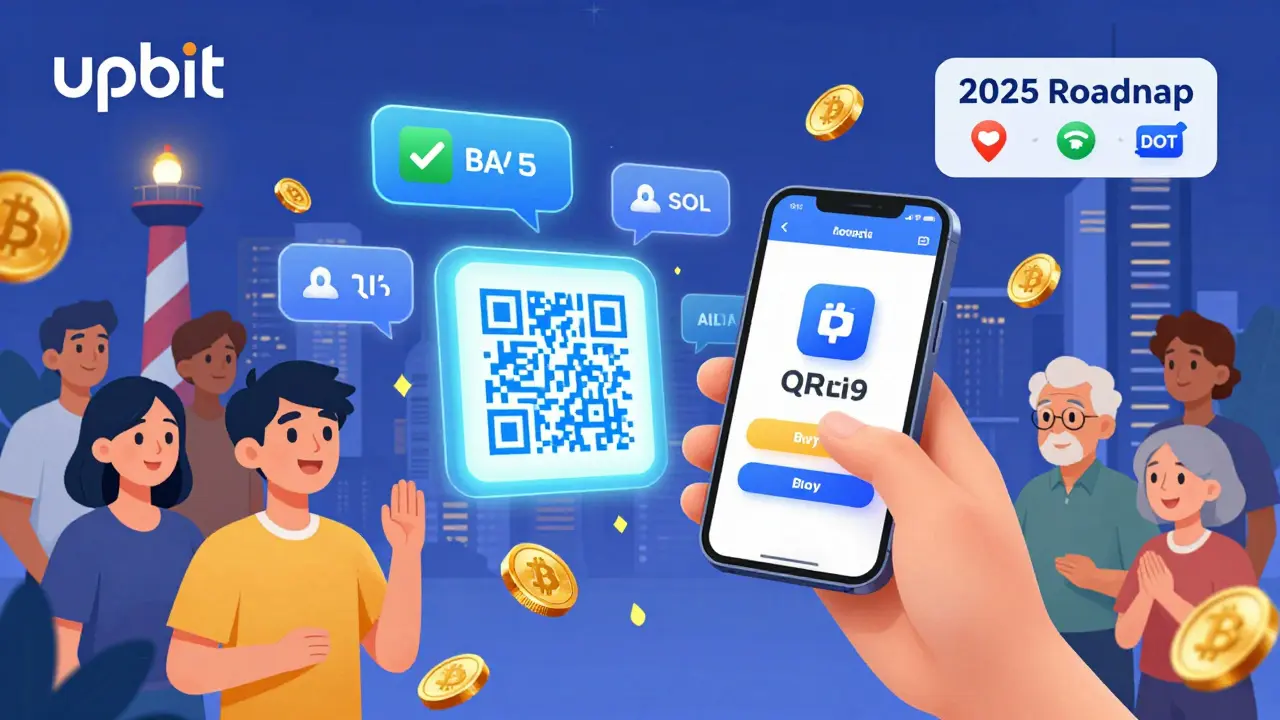 An AI-powered Upbit interface with QRIS payment and staking icons, as diverse users receive crypto alerts in a futuristic Jakarta setting.