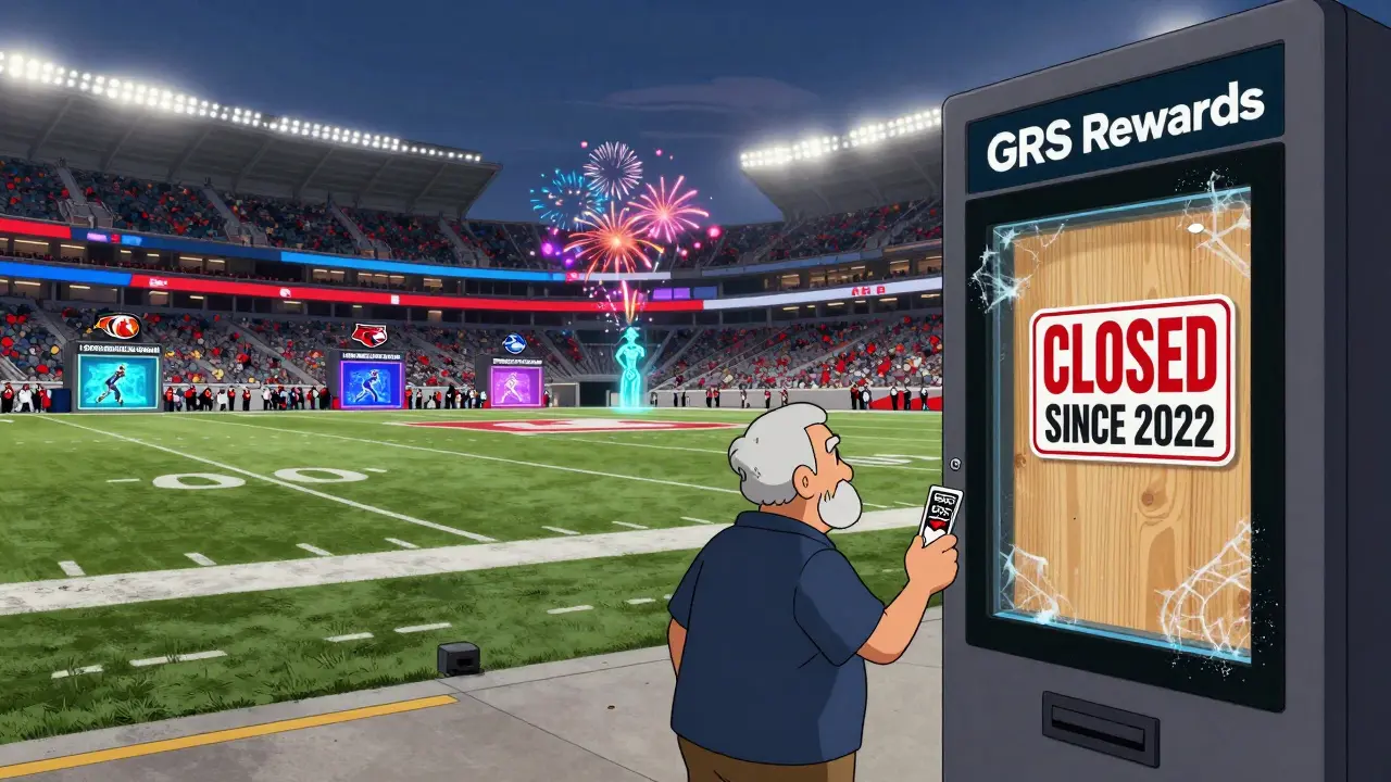 An elderly fan holds a GRS token before a boarded-up rewards kiosk as other clubs’ portals glow brightly in distance.