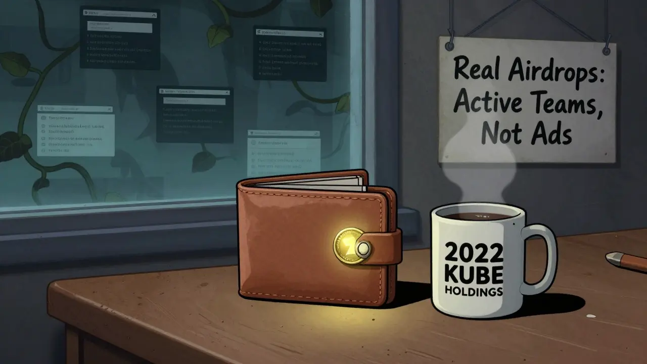 An old KubeCoin wallet glowing softly on a desk, while scam websites creep up the wall.
