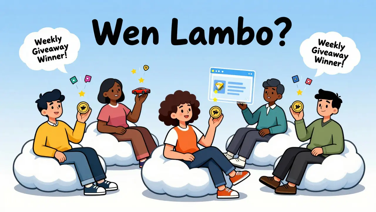 Cartoon crypto holders watching trading activity make their WLBO tokens grow, one holding a Lamborghini key.