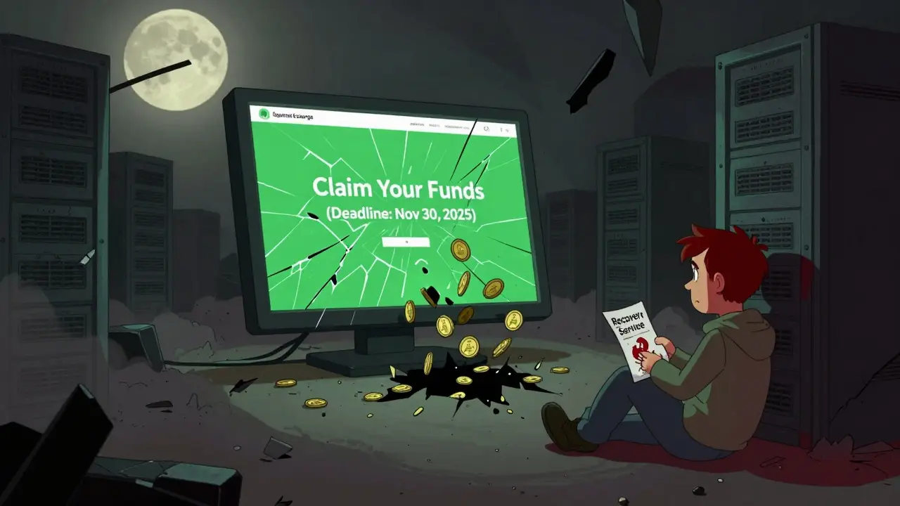 Crumbled Squirrex website with a flickering recovery page as coins vanish into a black hole.