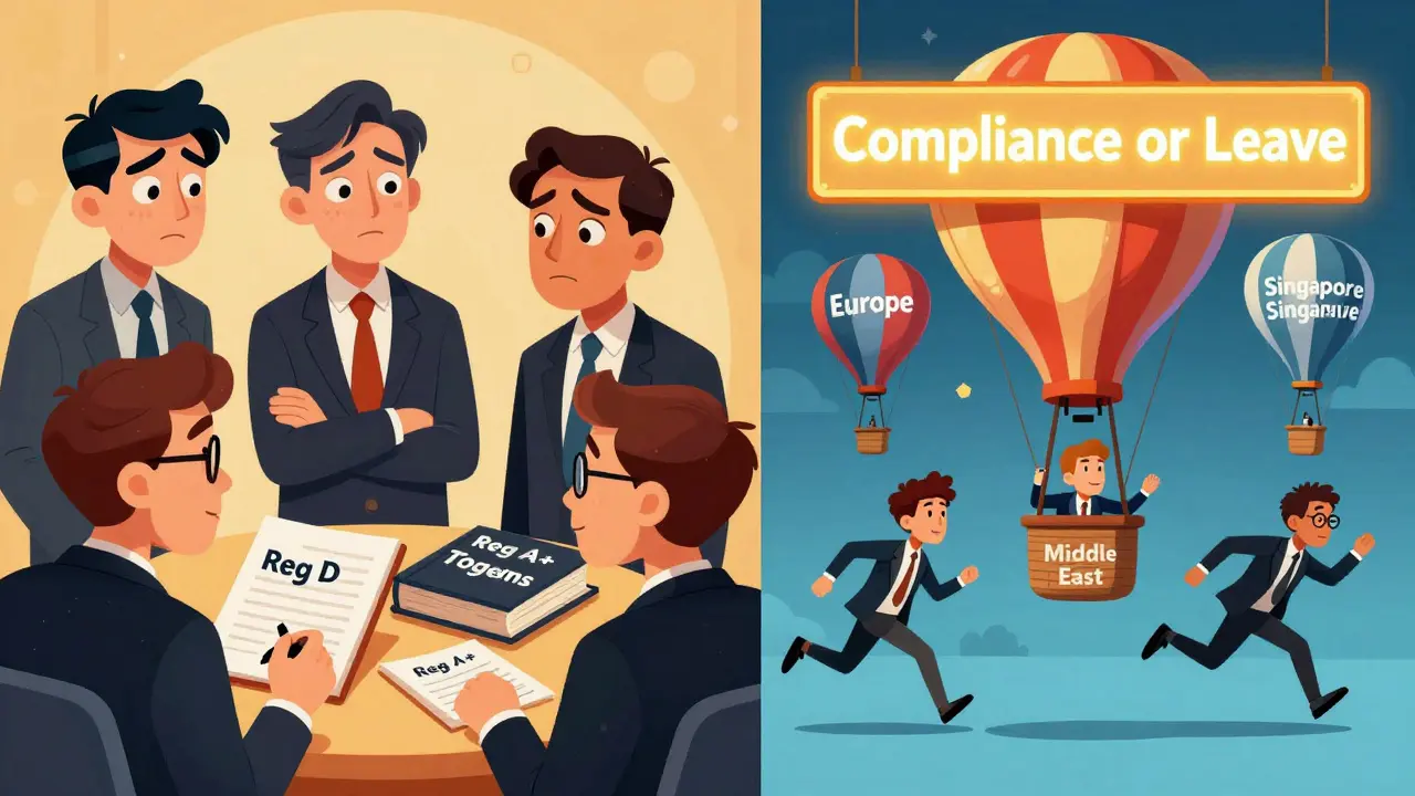 Crypto founders choose compliance or flee abroad, shown in a split scene with legal books and escape balloons.