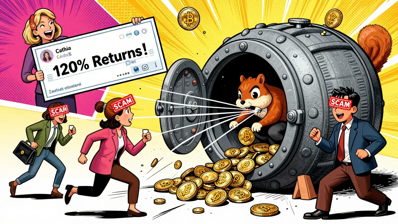 Fake celebrity endorsements on social media as users deposit crypto into a squirrel-shaped vault.