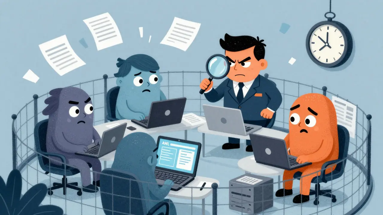 Four quirky companies in a regulatory sandbox being inspected by a cartoon bank officer.