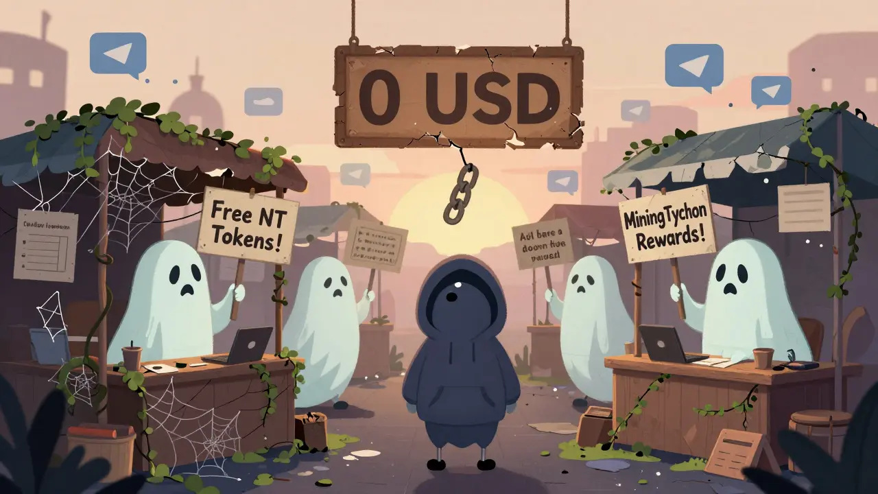 Ghostly figures offer fake airdrops at a crumbling marketplace with empty trading charts.