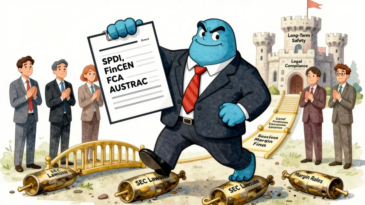 Kraken mascot in banker suit navigating compliance landmines as institutional investors approve the path.