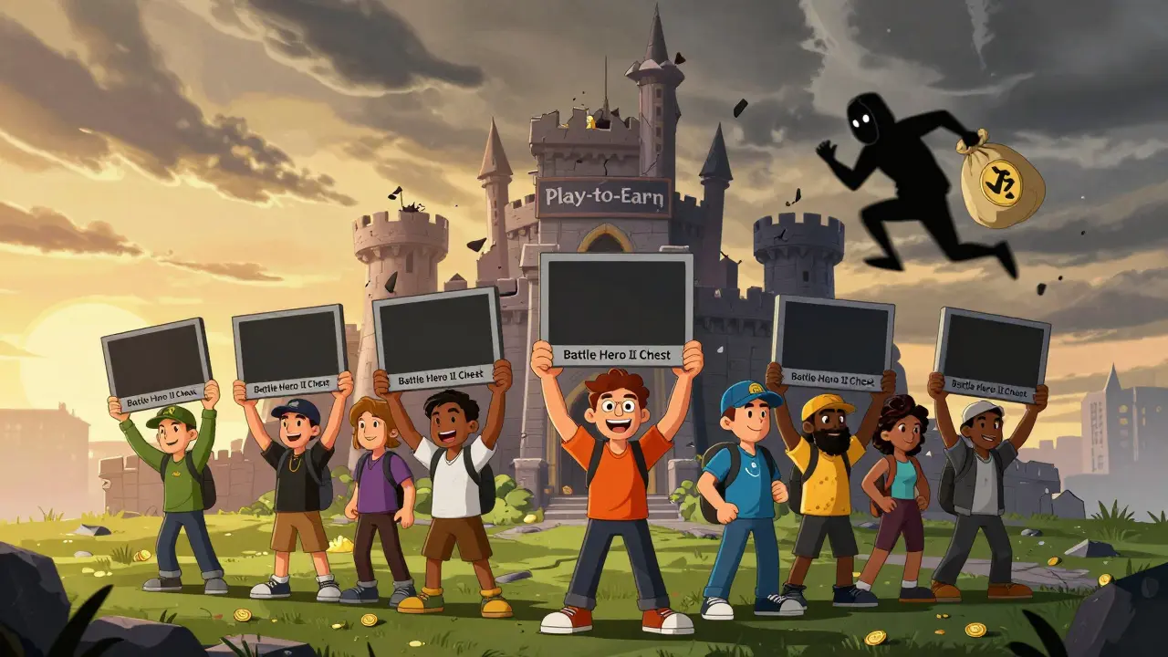 Players holding empty NFT frames while a shadowy figure flees with cryptocurrency.