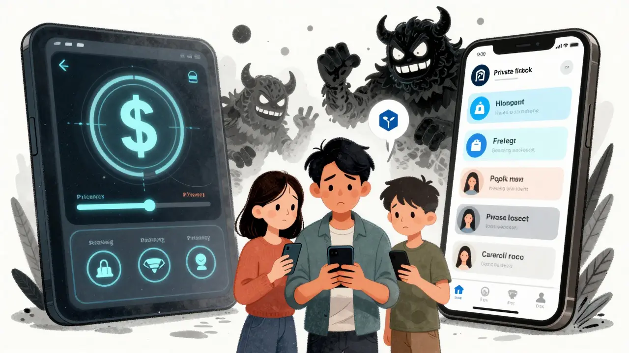 Split scene: government digital dollar with privacy controls vs chaotic private fintech apps.