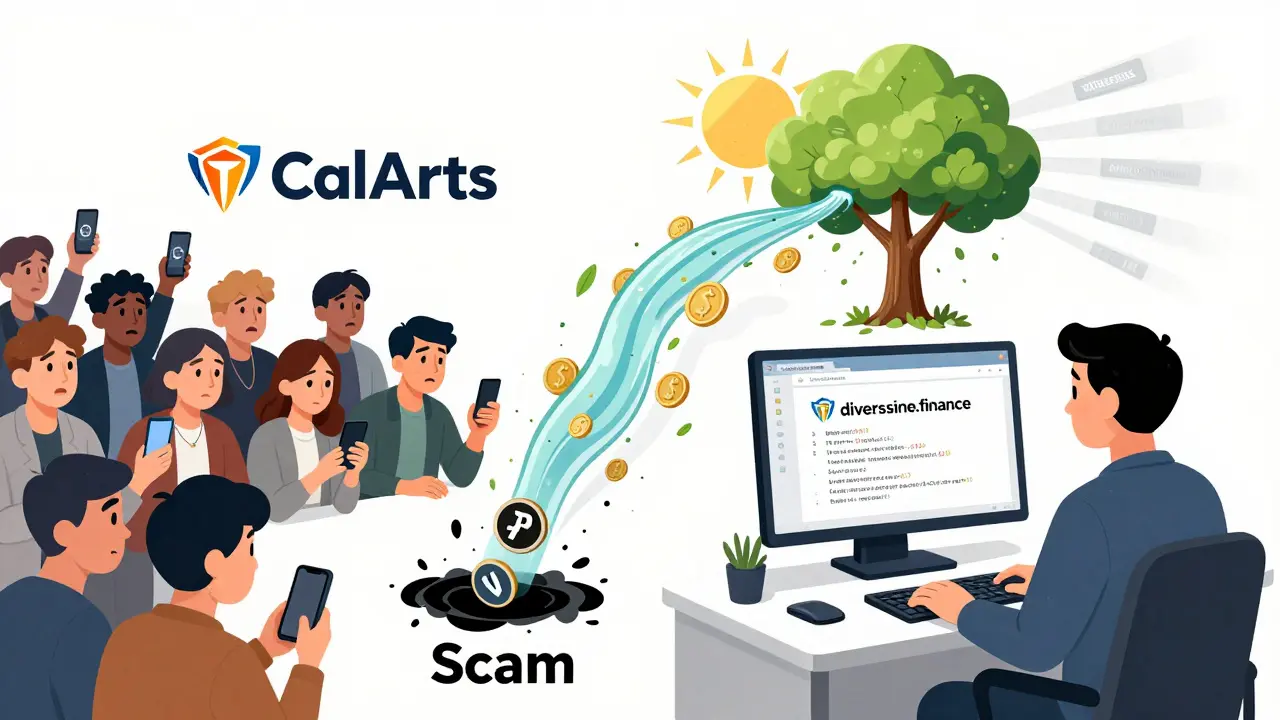 Split scene: left shows scam victims losing ETH, right shows a user earning DIVER on the real platform.