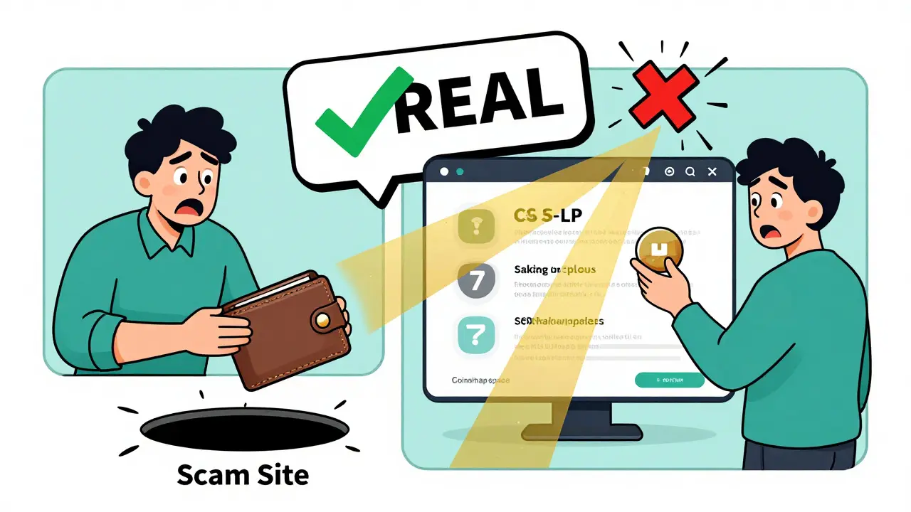 Split scene: left shows wallet draining to a scam, right shows safe staking on official platform with golden rewards.