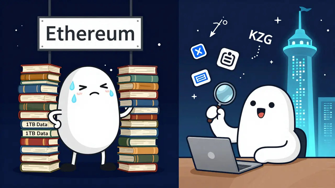 Split scene: stressed full node with huge books vs. calm light client checking few data pieces.