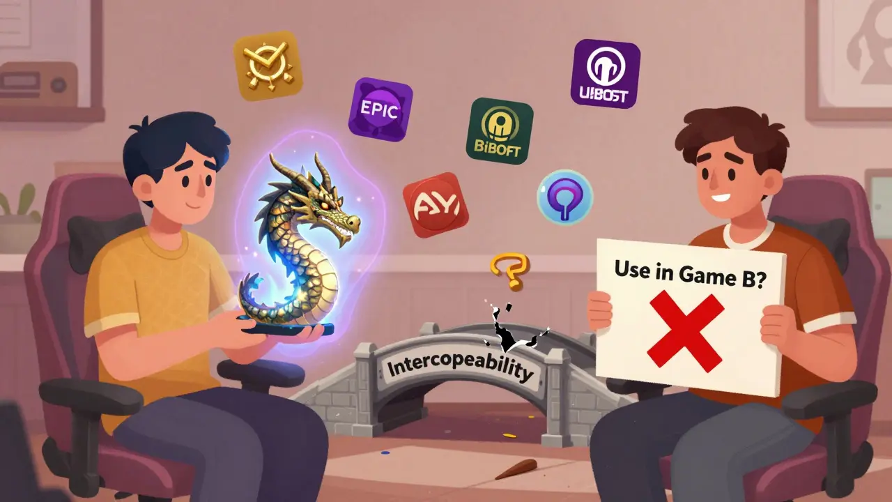 Two players examine an NFT skin, with a broken bridge labeled 'Interoperability' between them and scattered game logos.