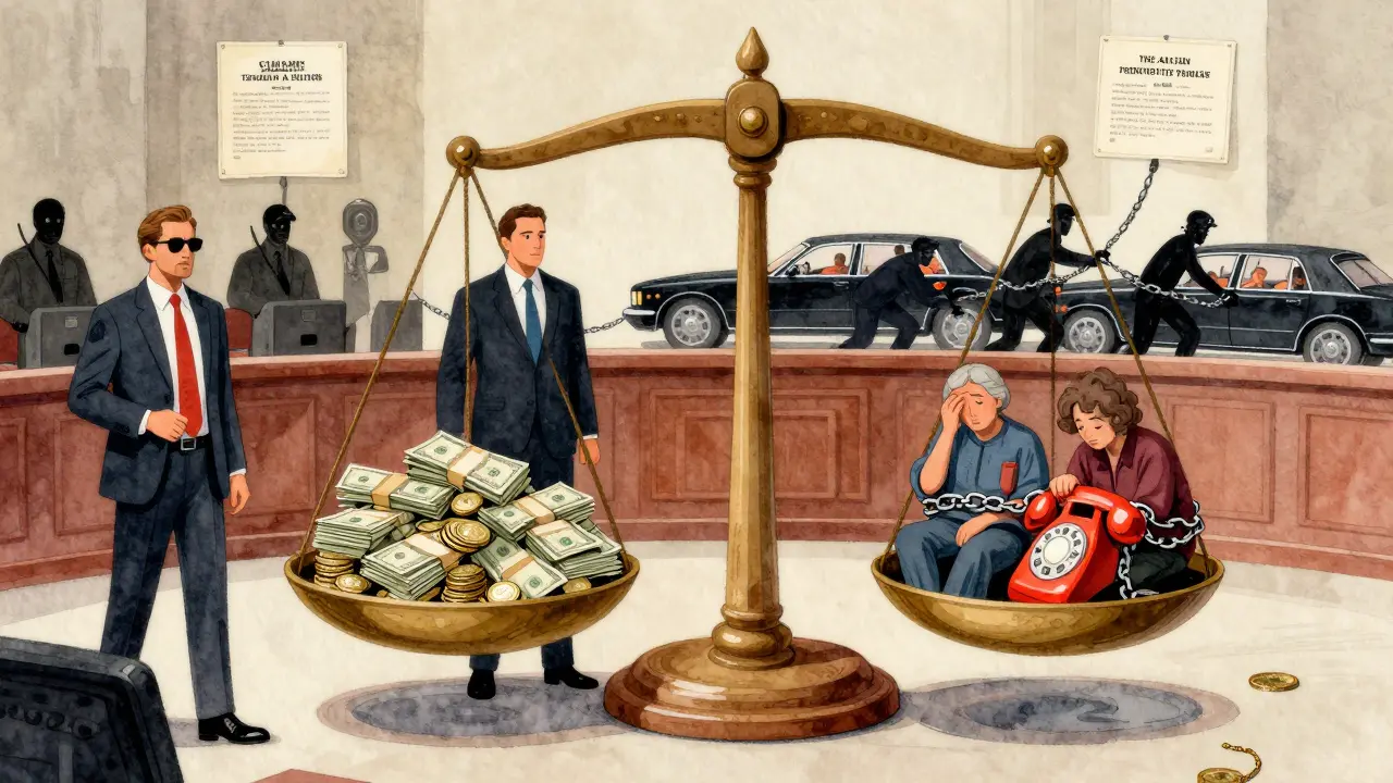 U.S. Treasury agents weigh stolen money against human suffering, as warlords are dragged away by legal chains.