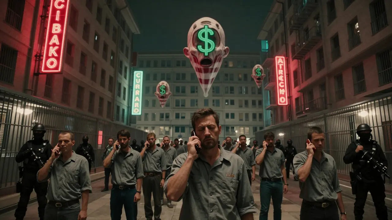 Workers trapped in a high-rise scam compound in Myanmar, under armed guard, while ghostly victims float above.