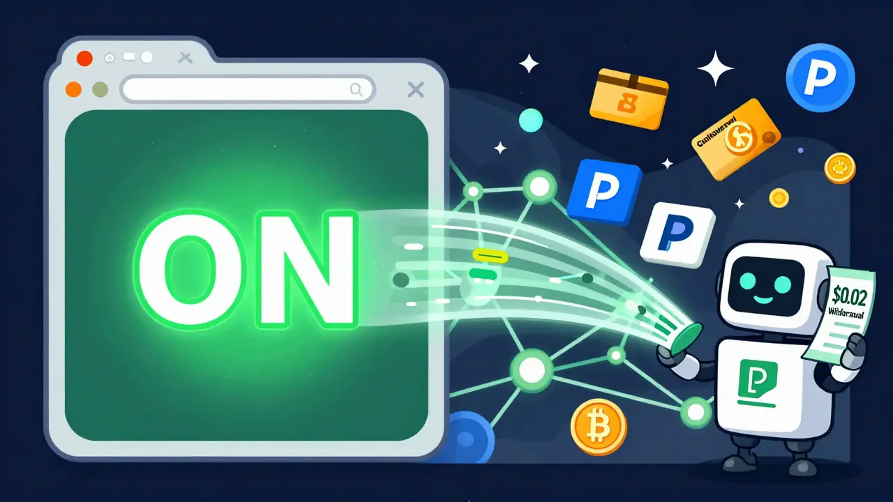 A browser extension turned ON with data flowing to blockchain nodes, releasing gift cards and crypto rewards.