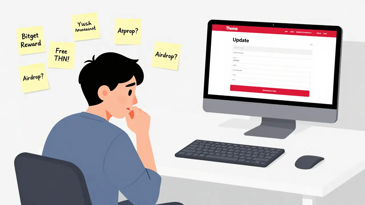 A confused person surrounded by fake airdrop claims, contrasted with a clean desk showing the Throne website's silent update log.