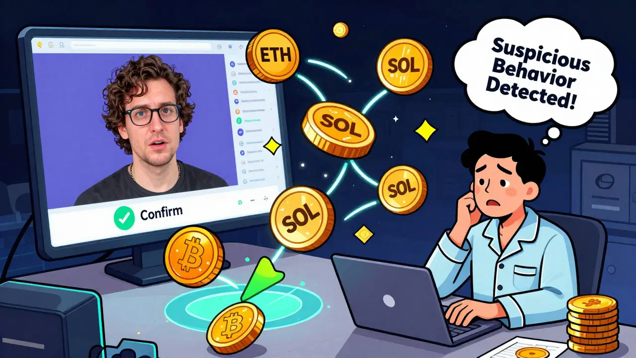 A confused user clicking a confirmation button while deepfake videos and AI alerts flood a chaotic DeFi interface.