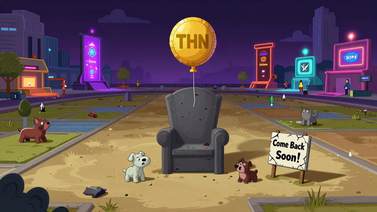 A deflated THN token balloon floats over an abandoned NFT marketplace, while active blockchain projects glow brightly in the distance.