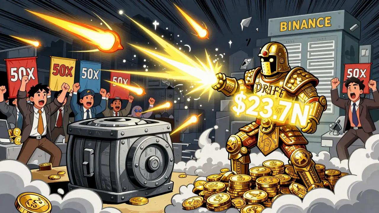 A DRIFT token hero defending an insurance fund from liquidation attacks, with traders celebrating in the background under chaotic market conditions.