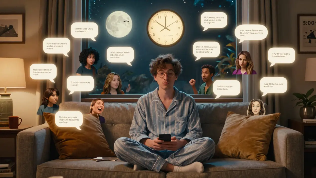 A founder in pajamas surrounded by fan-made memes, with a clock showing 9 AM and glowing chat bubbles from around the world.