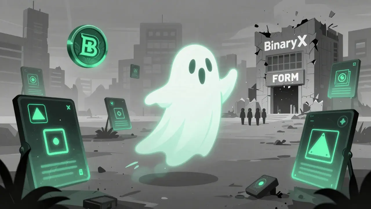 A ghostly BNX token drifting past abandoned GameFi icons in an empty digital marketplace, with a team walking away.