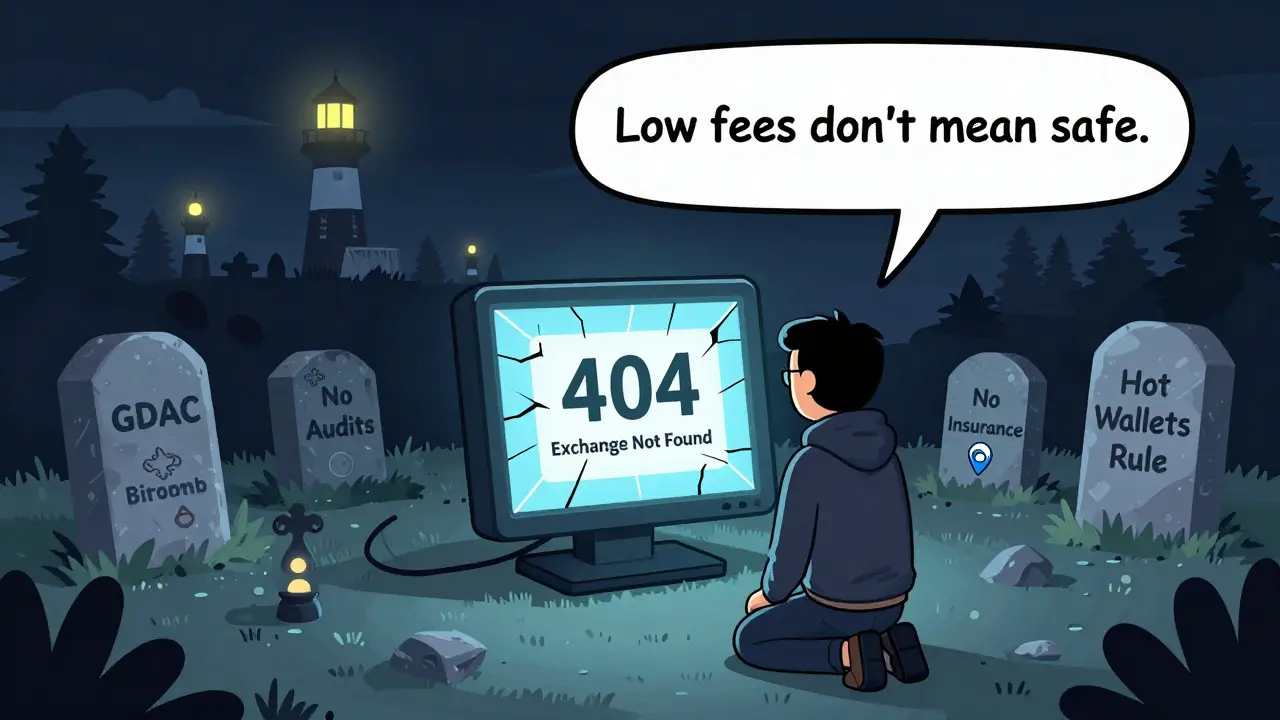 A graveyard of failed crypto exchanges with a lone user staring at a '404 Exchange Not Found' screen.