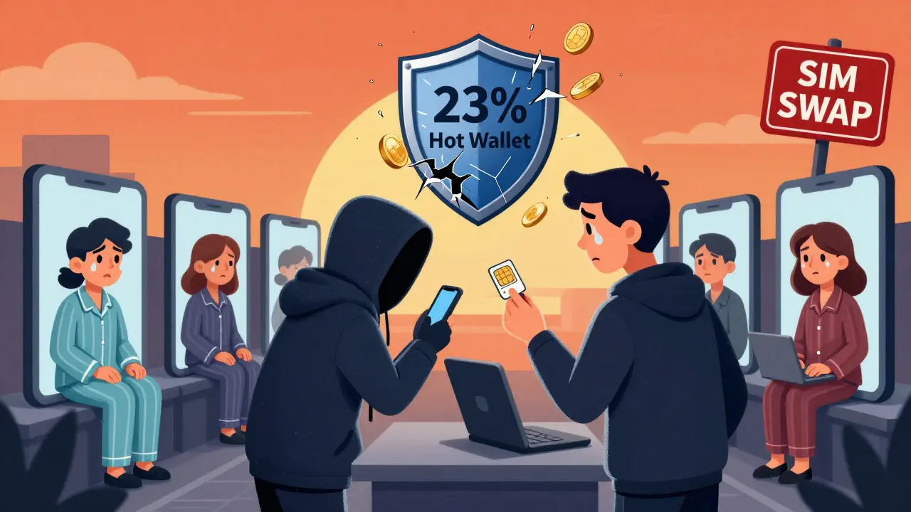 A hacker tricking a bank worker into giving a SIM card, while a shattered shield labeled '23% Hot Wallet' breaks apart.