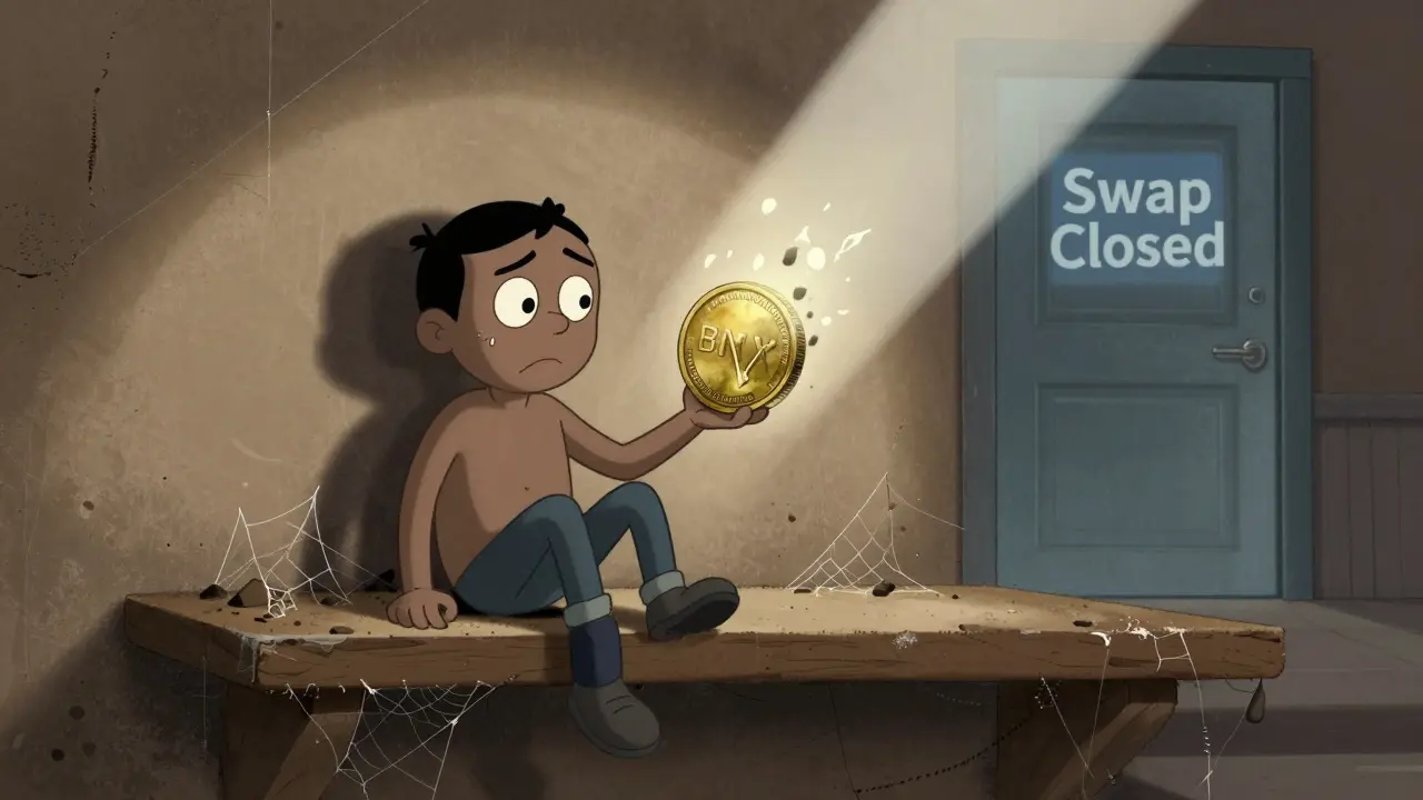 A lonely MetaMask wallet holding a fading BNX token as ashes fall, while a new FORM token floats away out of reach.