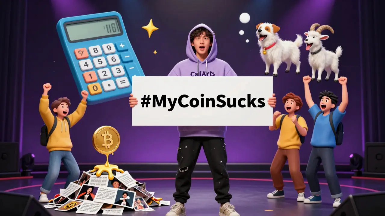 A quirky influencer holding a meme sign as animated followers cheer, with tokens turning into laughing animals.