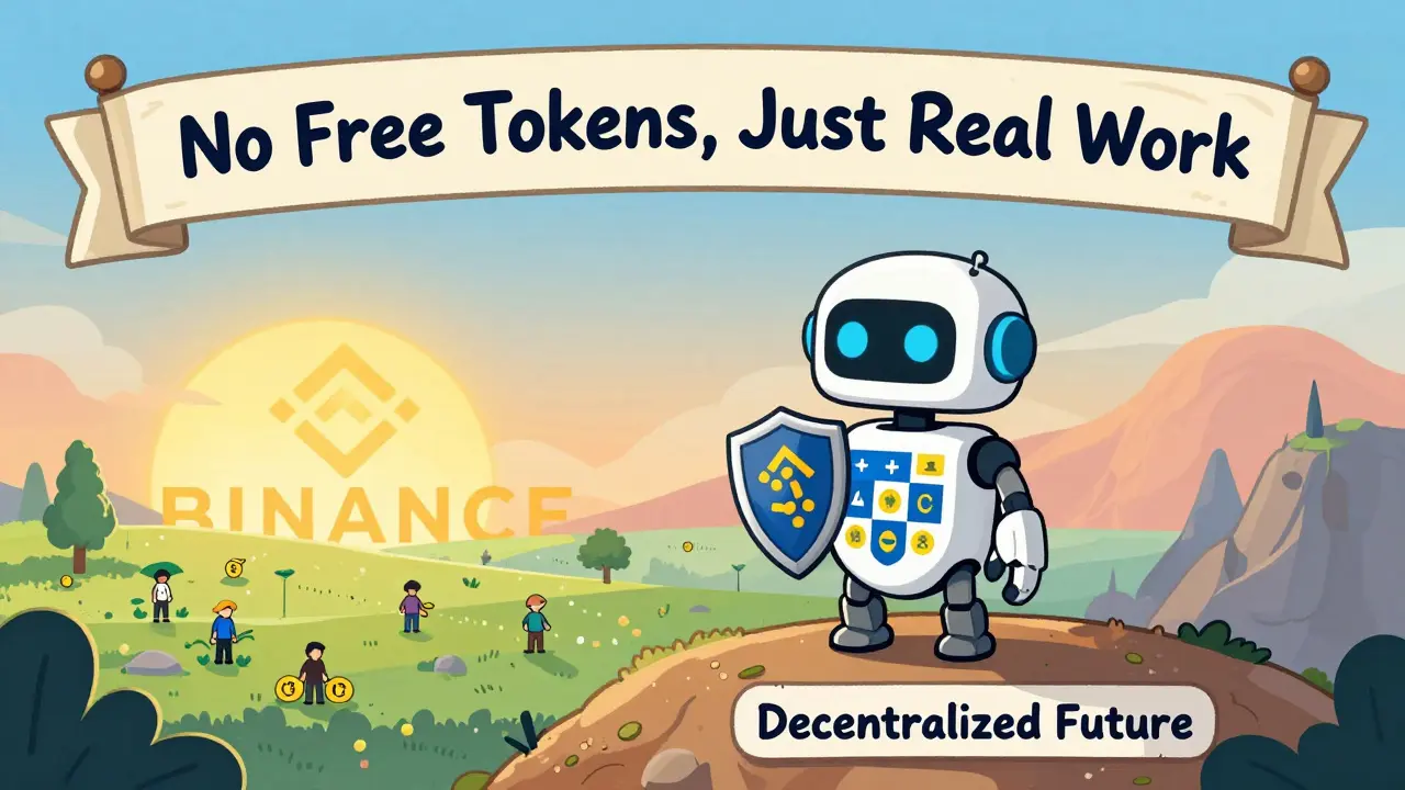 A resilient Biswap robot standing tall amid decentralization, with users farming tokens under a sunrise.