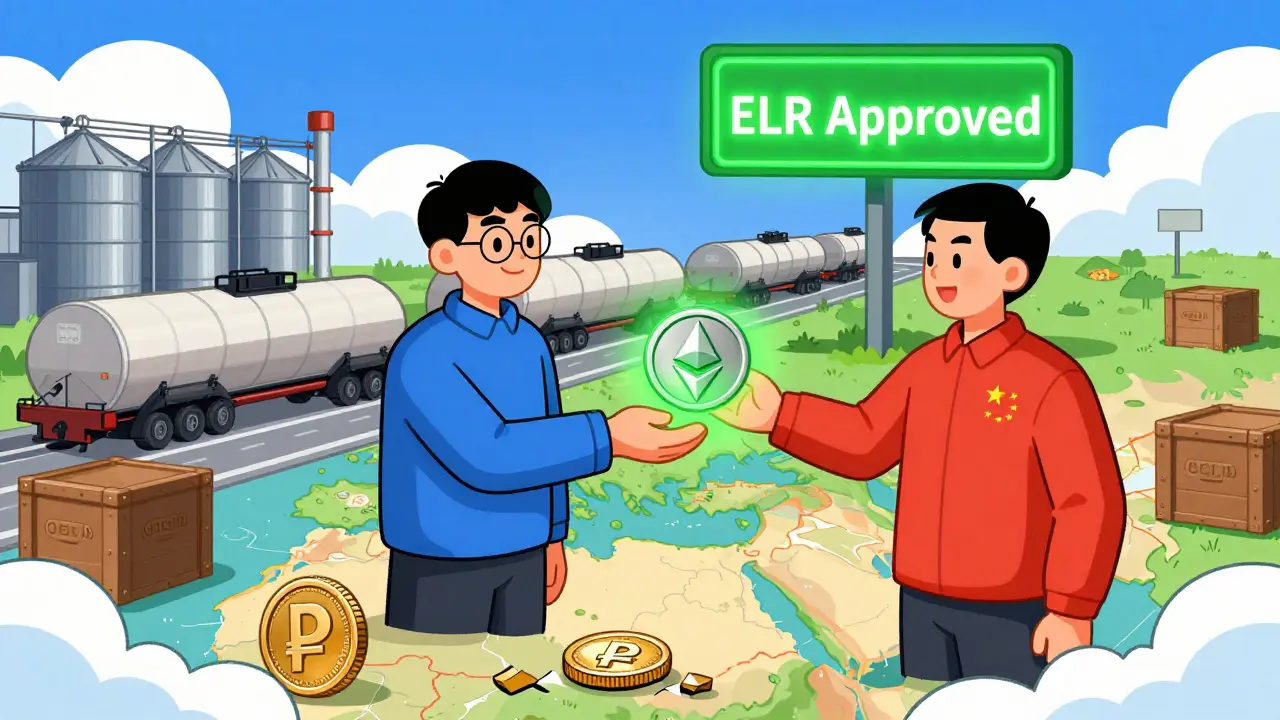 A Russian exporter handing crypto to a foreign buyer, with ELR approval and ruble coin broken on the ground.