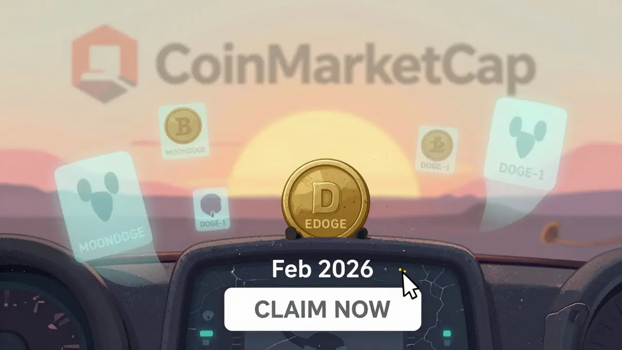 A single EDOGE token on a dusty dashboard surrounded by dead meme coins, with a grayed-out claim button