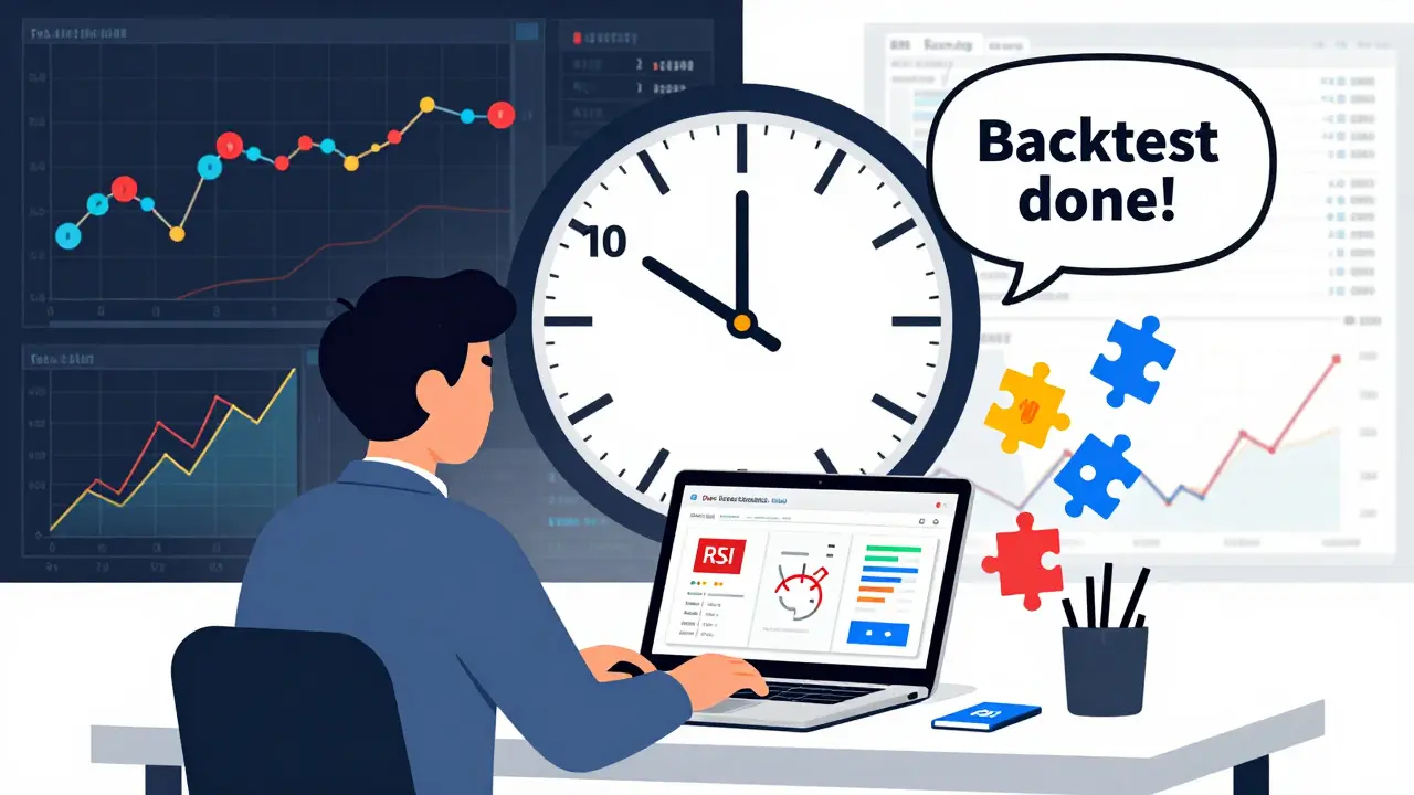 A trader using a drag-and-drop interface to build trading strategies with AI symbols floating around.