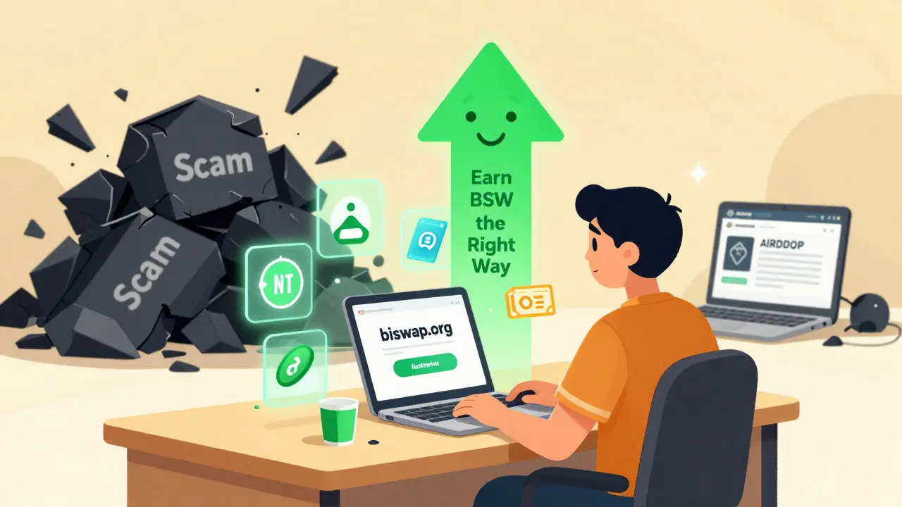 A user earning BSW safely on biswap.org through farming and staking, with positive symbols glowing around them.