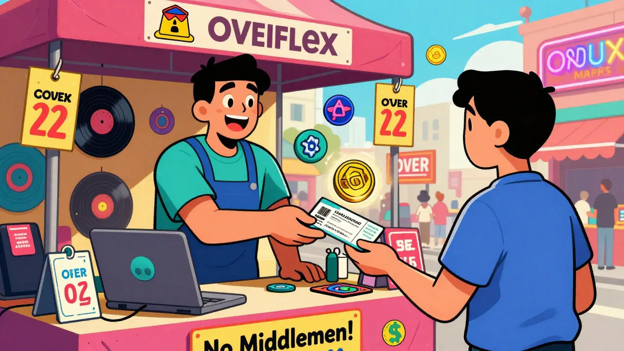 A vendor at a street fair sells a concert ticket paid with an OVER token, showing real-world crypto use.