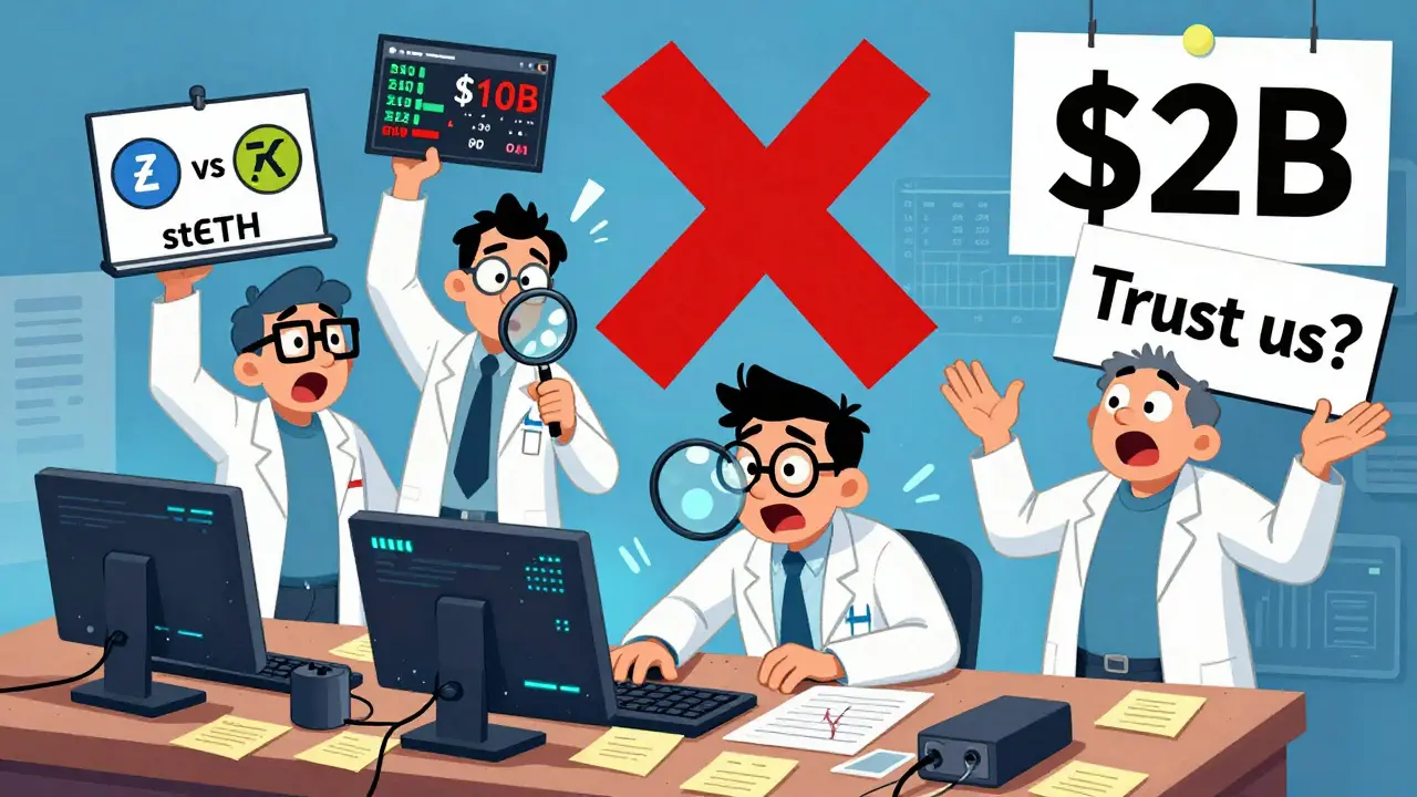 Chaotic scene of scientists struggling to calculate TVL with duplicated figures and hacked data.