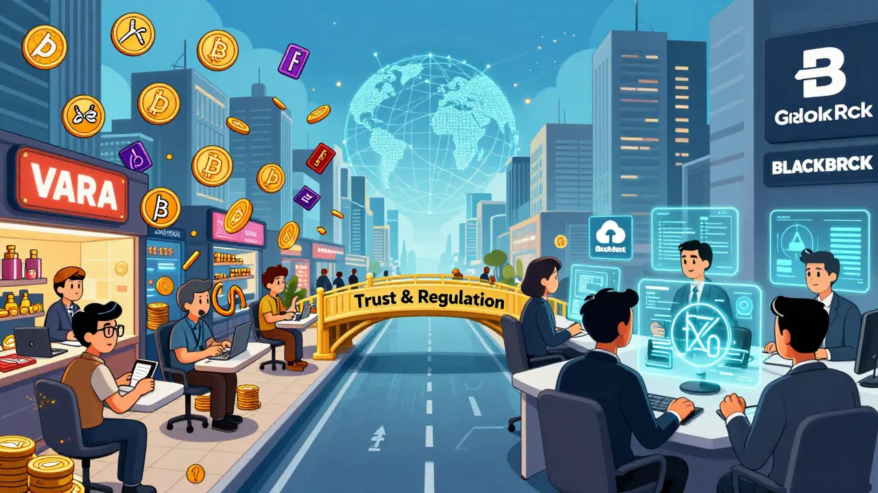 Contrast between chaotic retail crypto chaos and orderly ADGM institutional finance with tokenized assets.