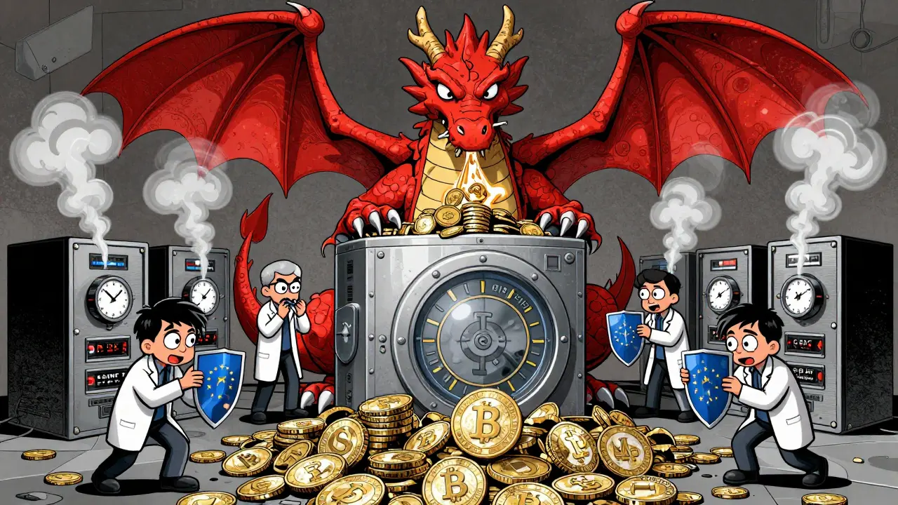 ECB dragon protecting digital euro vault while foreign stablecoins crumble beneath it