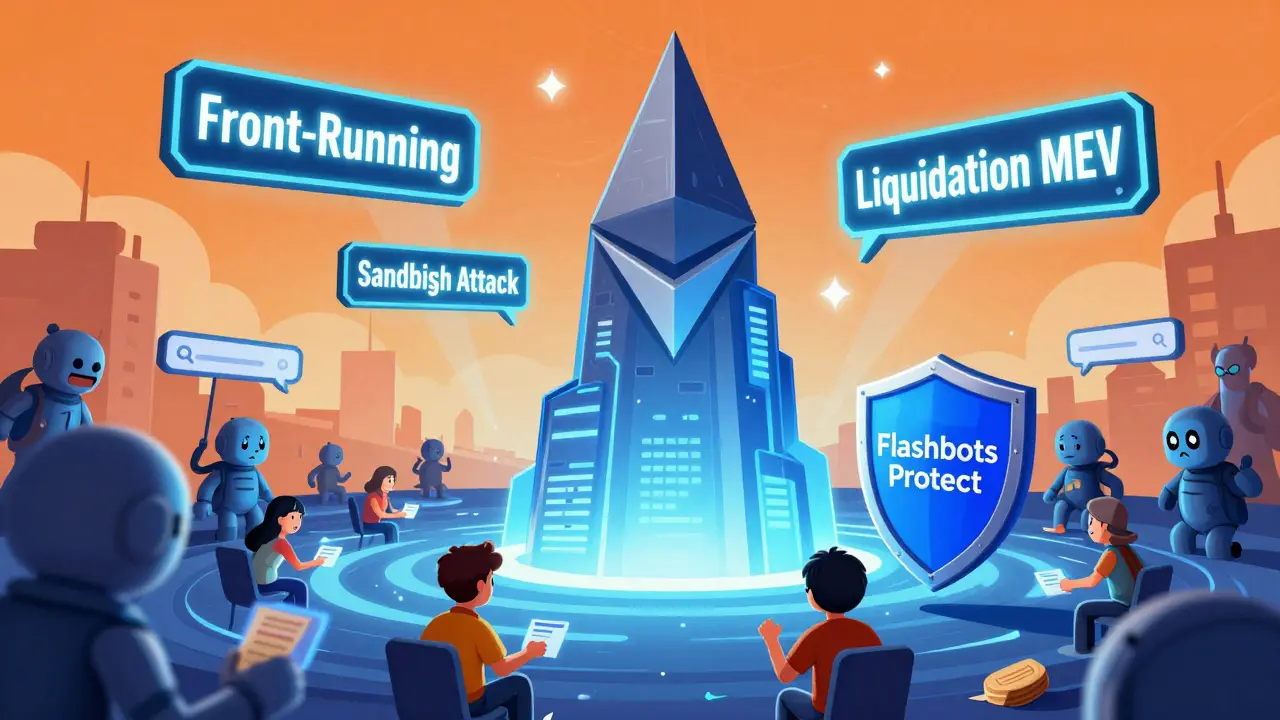 Ethereum tower surrounded by chaotic MEV bots, with one shield barely protecting users from exploitation.