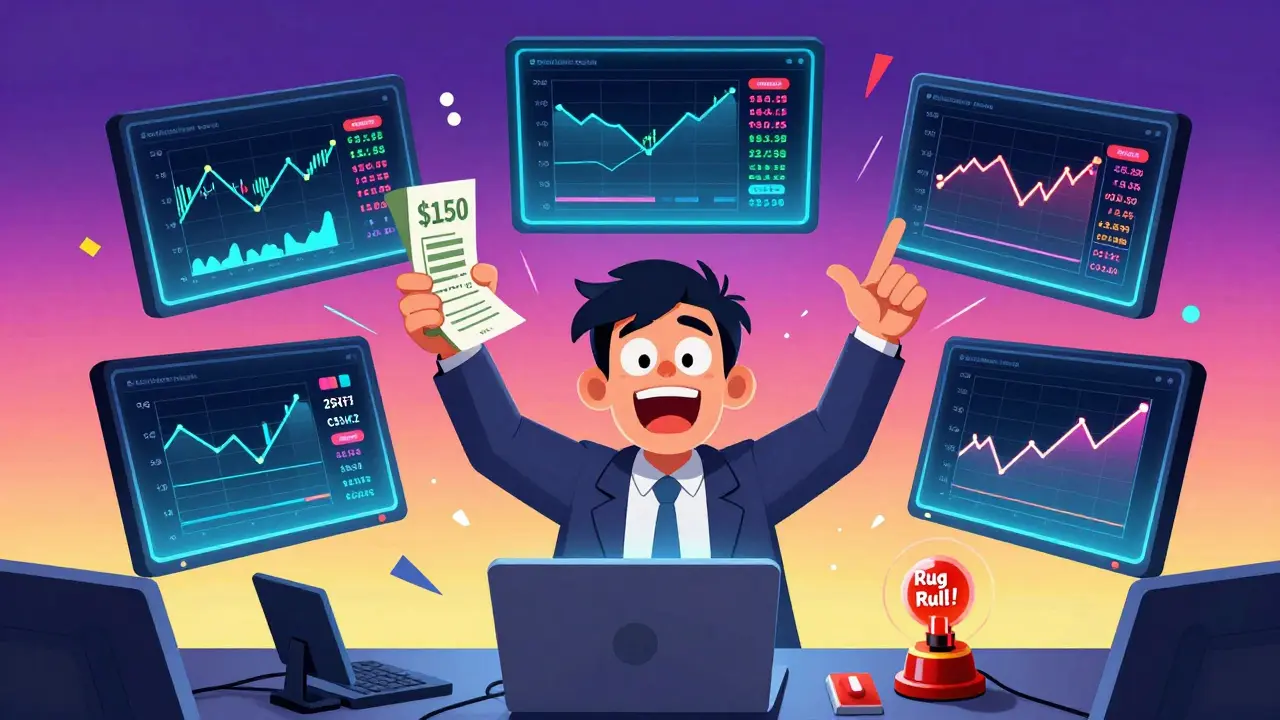 Frazzled investor surrounded by flashing DeFi screens and falling token graphs in a neon-lit room.