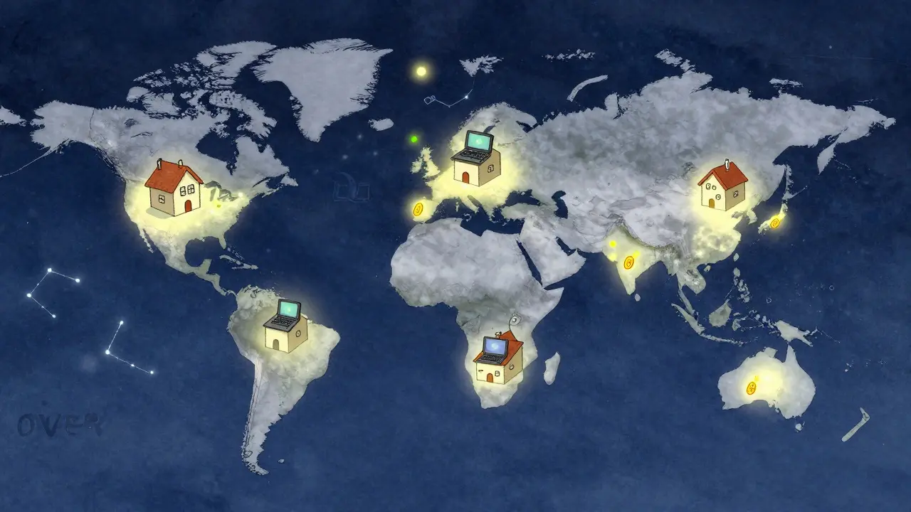 Glowing nodes connect homes across Southeast Asia, North America, and Europe, symbolizing global decentralization.