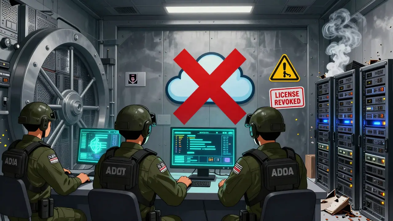 High-security crypto vault with air-gapped wallets and a server marked 'LICENSE REVOKED' smoking in the background.