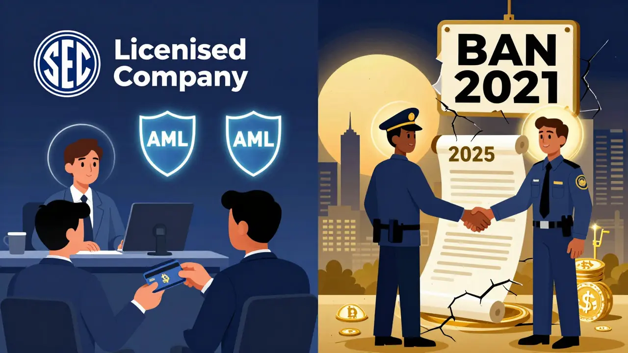 Licensed crypto firm and regulators shaking hands under the 2025 law.