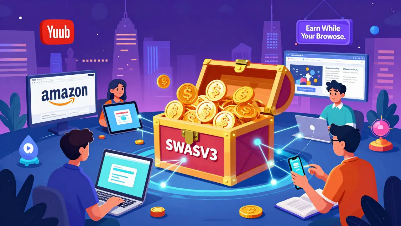 Multiple devices connected by data streams feeding a treasure chest of SWASH tokens in a digital landscape.