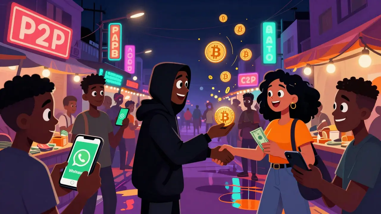 Nigerians trading crypto via cash and mobile apps in a vibrant night market.