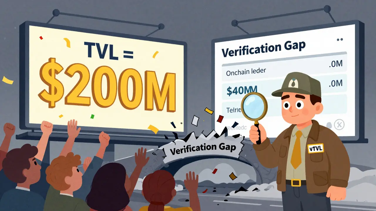 Split illustration: flashy TVL billboard vs. quiet verified ledger with a detective uncovering the truth.