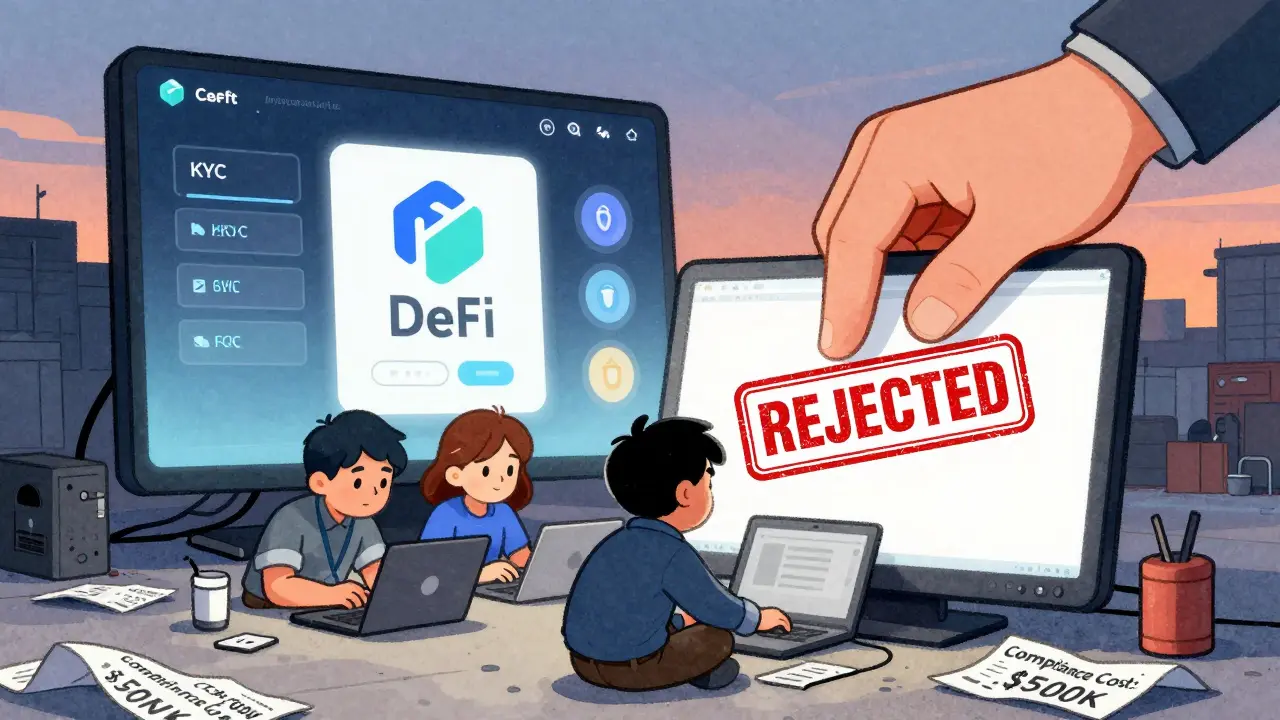 Three developers watch their small DeFi project get rejected by a giant regulatory stamp while a corporate competitor shines.