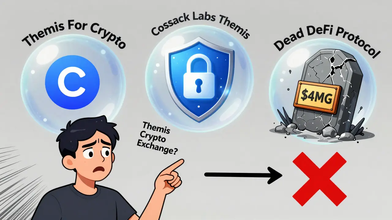 Three separate projects with the name Themis shown as floating bubbles — one active, one secure, one dead.